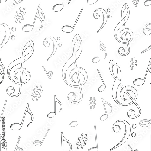 Creative music notes seamless pattern, Music note background, Seamless pattern texture design. Monochrome black, grey and white music note pattern