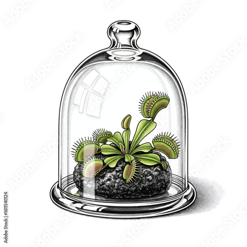 Illustrated carnivorous Venus flytrap displayed under a clear glass bell jar, concept for botanical illustration, scientific study, and unique home decor element.