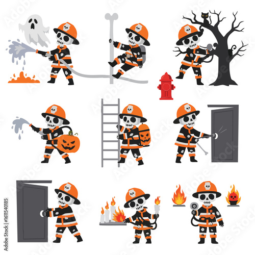 Spooky Firefighter's Halloween: A collection of illustrations depicting cartoon firefighter skeleton in Halloween season.