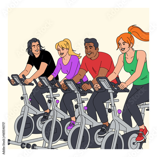 Diverse group exercising on stationary bikes in a fitness class.