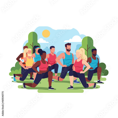 Diverse group exercising outdoors in a park fitness class