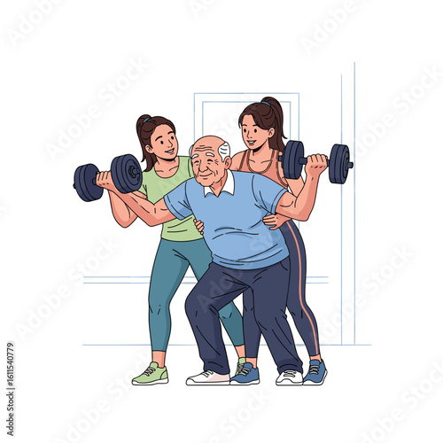 Elderly man exercises with personal trainers