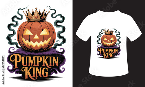 Spooky halloween pumpkin king with crown and t shirt design