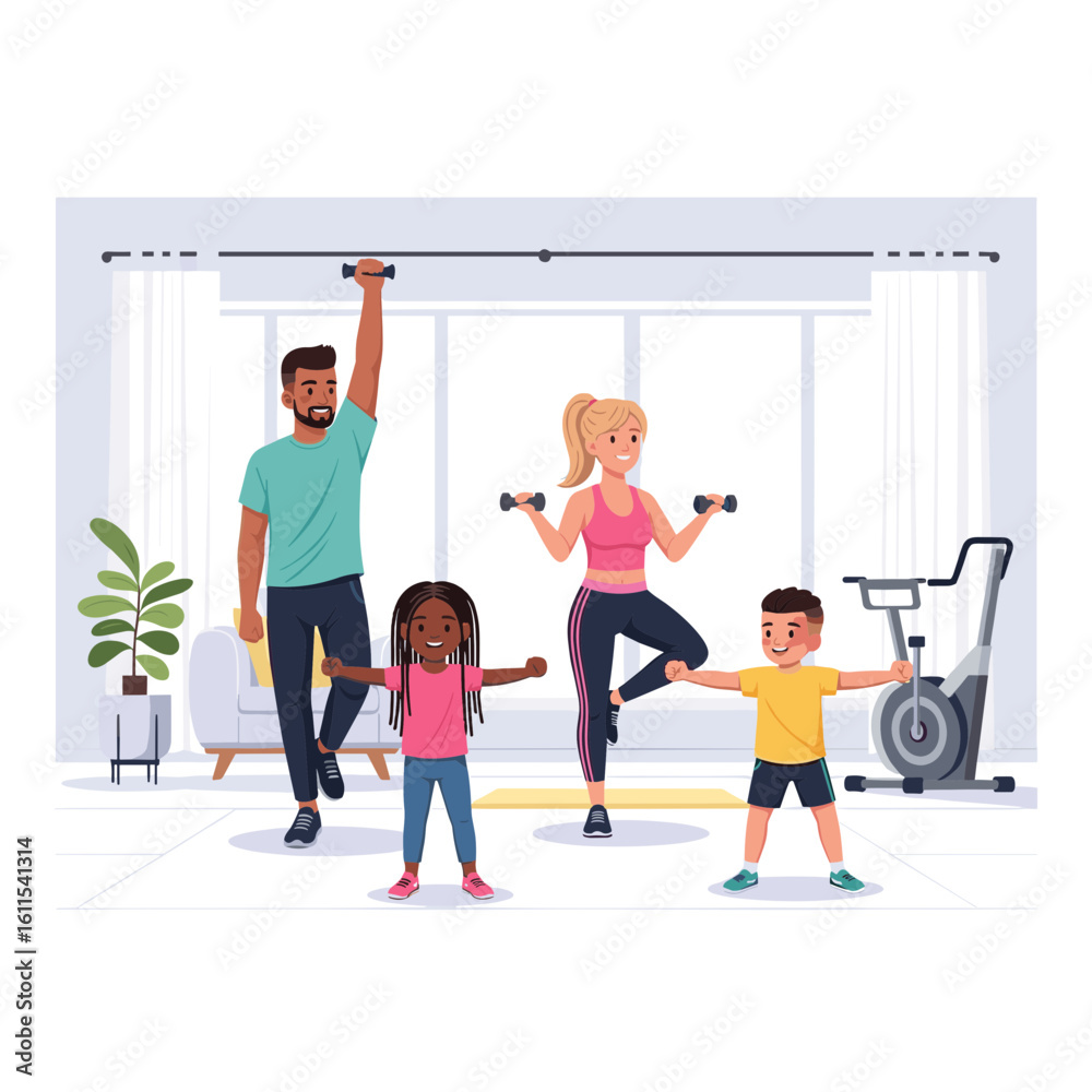Fototapeta premium Family exercising together at home with dumbbells