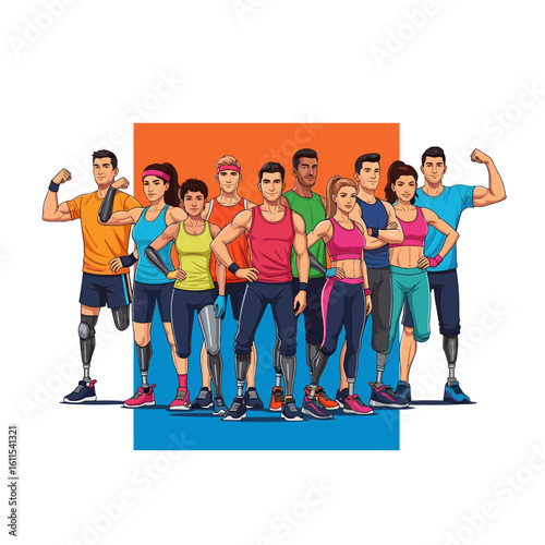 Diverse group of athletes with prosthetic limbs posing together