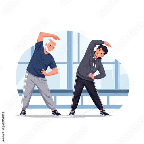 Generations exercising together: A young man and an elderly man stretching
