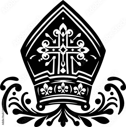 Ornate Bishop Mitre with Cross – Black and White Religious Vector Symbol