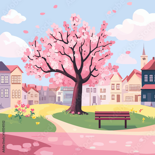 Spring blossom cherry tree park bench old town square colorful houses sunny day blue sky clouds pink petals falling seasonal landscape vector illustration flat design