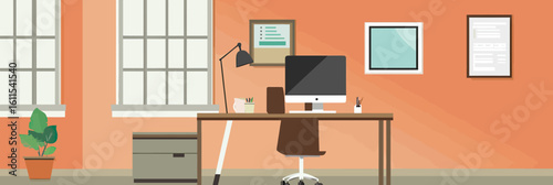 Minimalist modern office workspace with computer desk lamp framed art plant ergonomic chair and filing cabinet in bright orange room interior design vector illustration