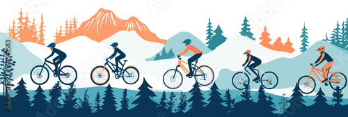 Group of cyclists riding mountain bikes on trail through forested mountainous landscape with pine trees and scenic hills in flat minimalist style vector illustration
