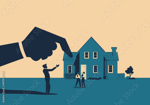 Large legal hand pointing at family struggling in front of house foreclosure eviction concept for mortgage debt and home loss financial crisis illustration