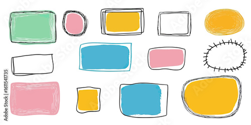 Colorful hand drawn doodle frame set with irregular rounded rectangle, circle, and oval shapes in pastel and bright tones for text borders and highlights vector illustration