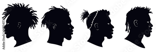 Silhouettes African American Men Profile Hairstyles Various Black Male Heads Side View Minimalist Vector Art Set Contour on White Background Diverse Haircuts