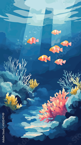 Underwater coral reef scene with colorful tropical fish and sun rays in blue ocean water vector illustration