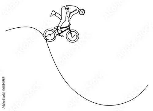 Continuous line art of a man performing and stunting on his bicycle. High jumps and falls from a height, the concept of showing off his cycling skills.