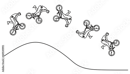 Continuous line art of a man performing and stunting on his bicycle. High jumps and falls from a height, the concept of showing off his cycling skills.