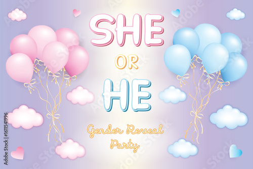 She or He gender reveal party, vector illustration with the words She or He and a bunch of pink and blue balloons on purple background with hearts and clouds, eazy to edit