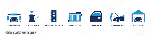 Complete Auto Care Icons set vector illustration blue  with Car wash, Car jack, Traffic lights, Radiator, Car door, Car hood, Garage