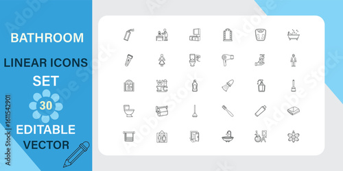 Thirty editable vector bathroom icons. Includes toilet, shower, sink, bathtub, and other bathroom fixtures and supplies. 