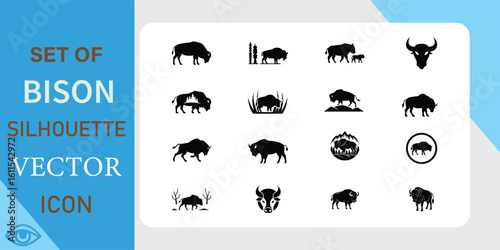 Collection of bison icons and silhouettes in black and white vector art