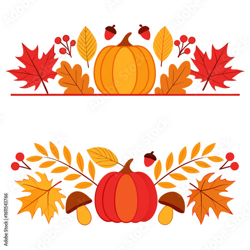 Two rows of charming autumn themed illustrations with pumpkins leaves and berries fall seasonal