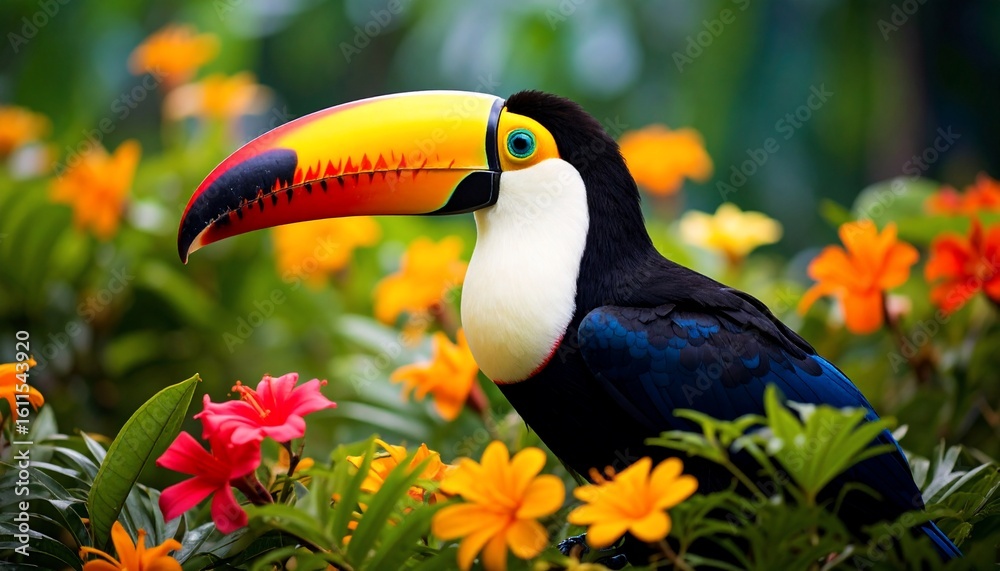 Fototapeta premium Vibrant Toucan Amidst Lush Tropical Flora