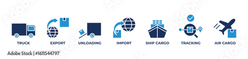 Seamless Global Logistics Icons set vector illustration blue  with Truck, Export, Unloading, Import, Ship cargo, Tracking, Air cargo
