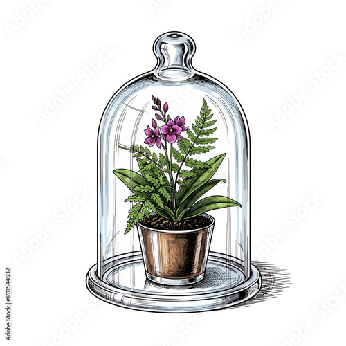 Botanical illustration of a potted fern with violet flowers under a glass bell jar, concept for interior decor presentation, greenhouse design and botanical art prints.