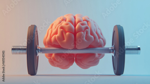 Conceptual illustration of a brain as a weight barbell, symbolizing mental strength and fitness, with a gradient background enhancing the visual impact of the design