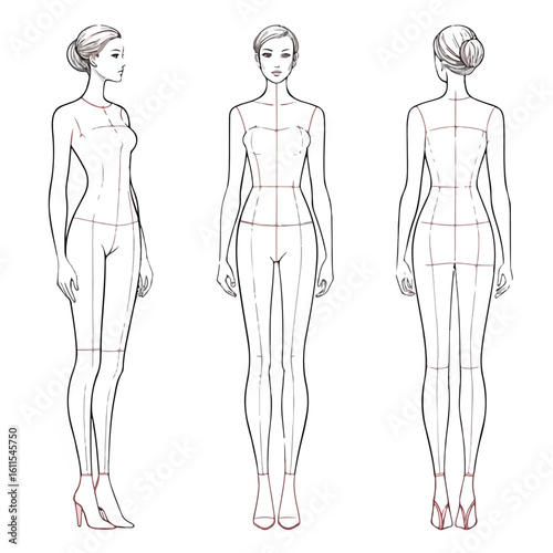 Lingerie fashion template showing female body with minimal linework in front and side views for designers