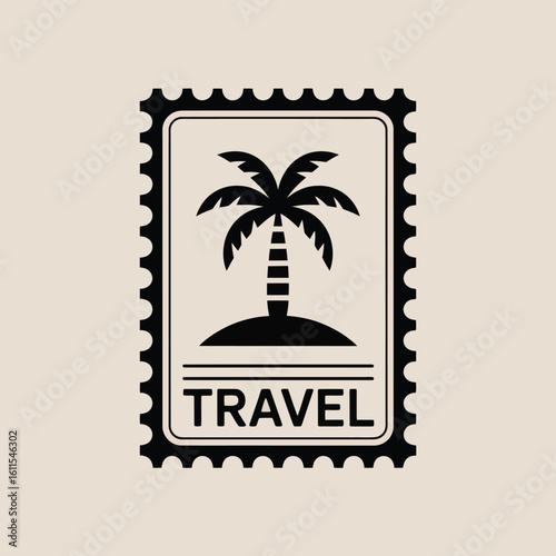Black palm tree stamp illustration with travel text on beige background