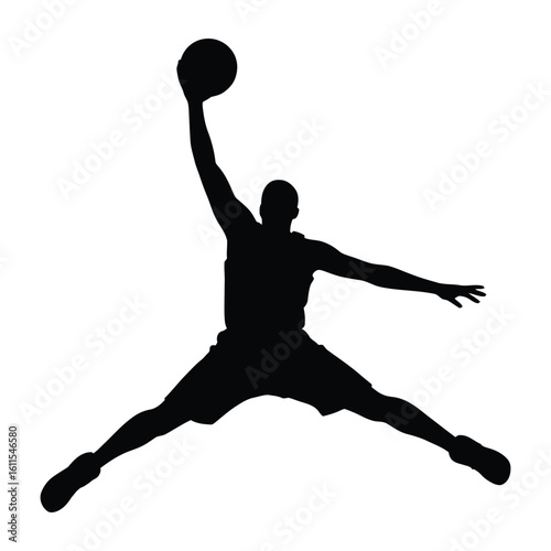  Silhouette of a dynamic basketball player executing a powerful slam dunk mid air