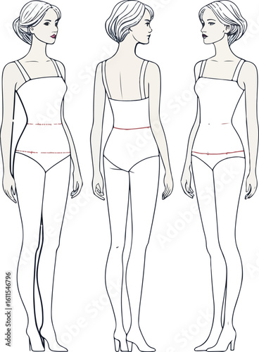 Detailed vector illustration of a woman in lingerie showing clothing front, back, and side