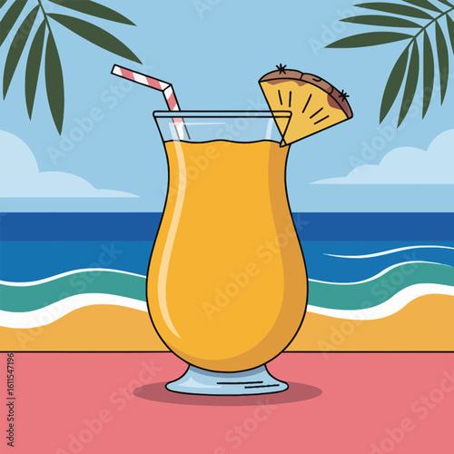 Cartoon cocktail drink with pineapple slice and straw on beach background