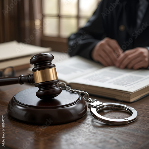 judge's hammer and handcuffs on the table