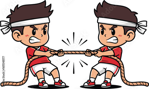 Two determined cartoon boys in red shirts and white headbands fiercely compete in a tug of war vector illustration