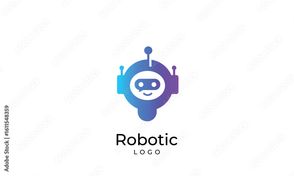 Obraz premium Minimal robot head inside a blue circle, featuring a speech bubble element. Chatbot logo concept for virtual assistant or customer support. Minimal vector design of a cute support bot