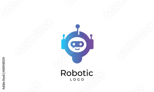 Minimal robot head inside a blue circle, featuring a speech bubble element. Chatbot logo concept for virtual assistant or customer support. Minimal vector design of a cute support bot