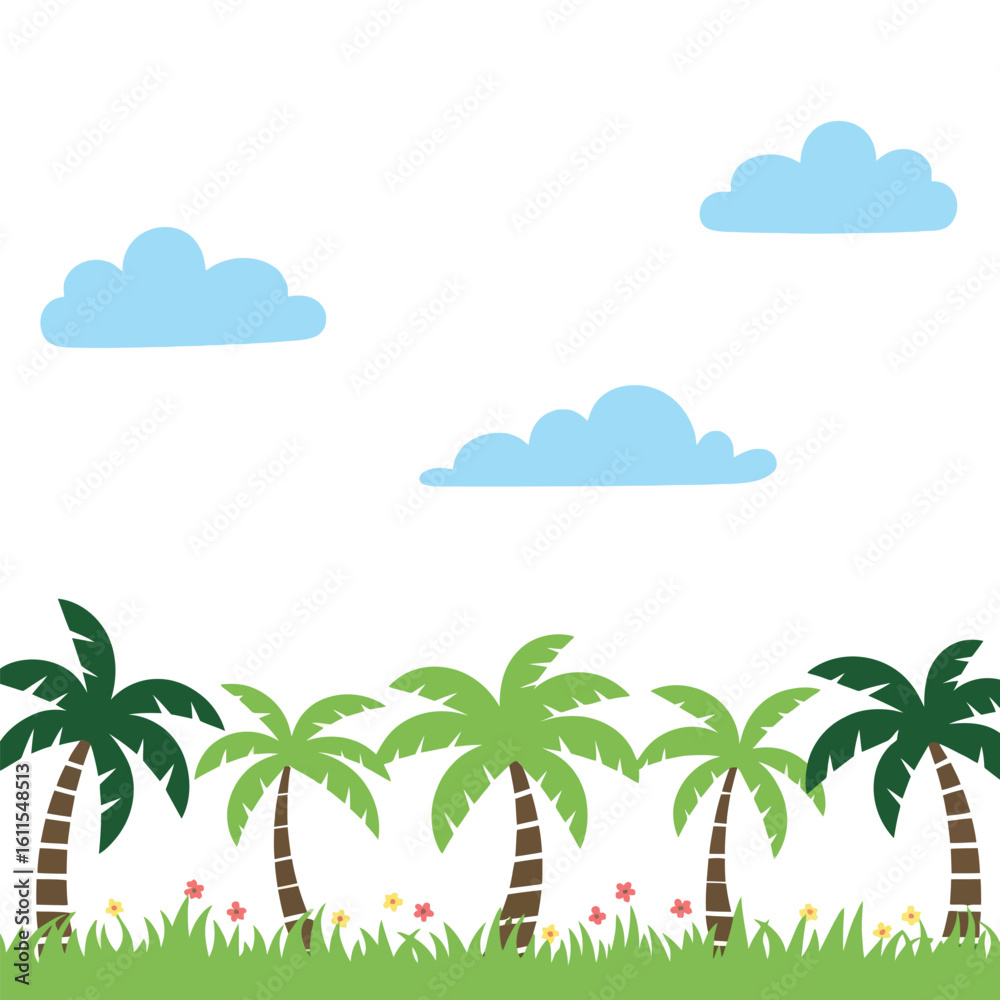 Obraz premium Cartoon palm trees grass and clouds on a white background