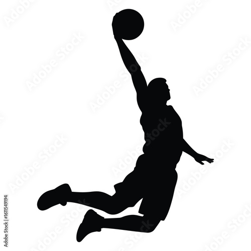  Silhouette of a dynamic basketball player executing a powerful slam dunk mid air