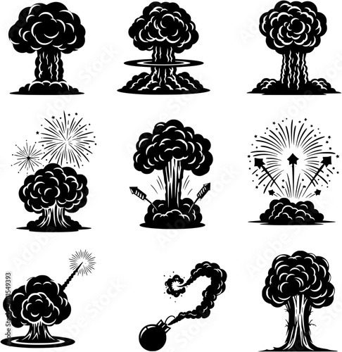 Set of Black Mushroom Cloud and Explosion Icons