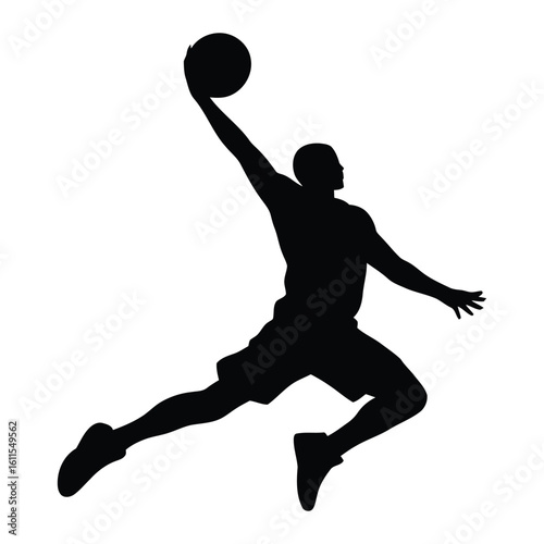  Silhouette of a dynamic basketball player executing a powerful slam dunk mid air
