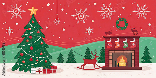 Magical Christmas scene with decorated tree, cozy fireplace, stockings, and festive snowflakes creating holiday cheer