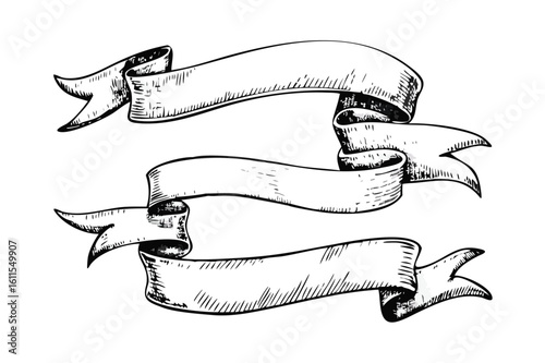 Vintage Hand-Drawn Ribbon Banner Set - Engraved Scroll Illustrations for Retro Labels
