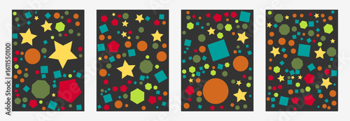 A set of four abstract backgrounds featuring geometric shapes such as stars, circles, squares and polygons, creating a colorful and playful pattern suitable for various design applications.