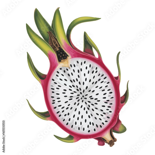 Cross-section of a Dragon Fruit with Green Leaves on White Background