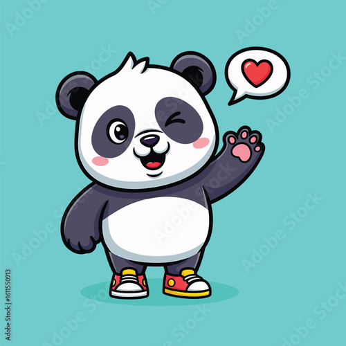 Adorable cartoon panda waving hello and sending love with a heart bubble vector illustration
