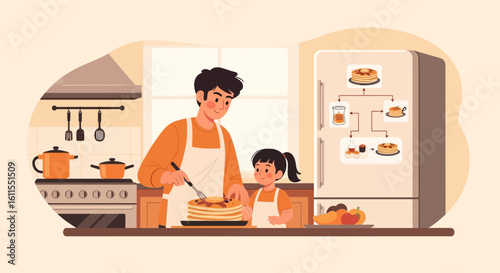 Father And Daughter Preparing Pancakes Together In The Kitchen