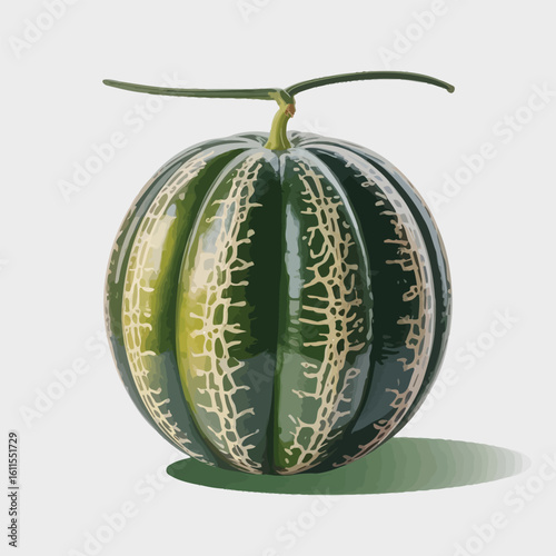 Green and beige cantaloupe melon illustration with stem and shadow on white background