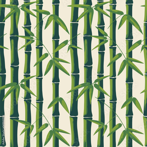 Green bamboo stalks and leaves seamless pattern on cream background